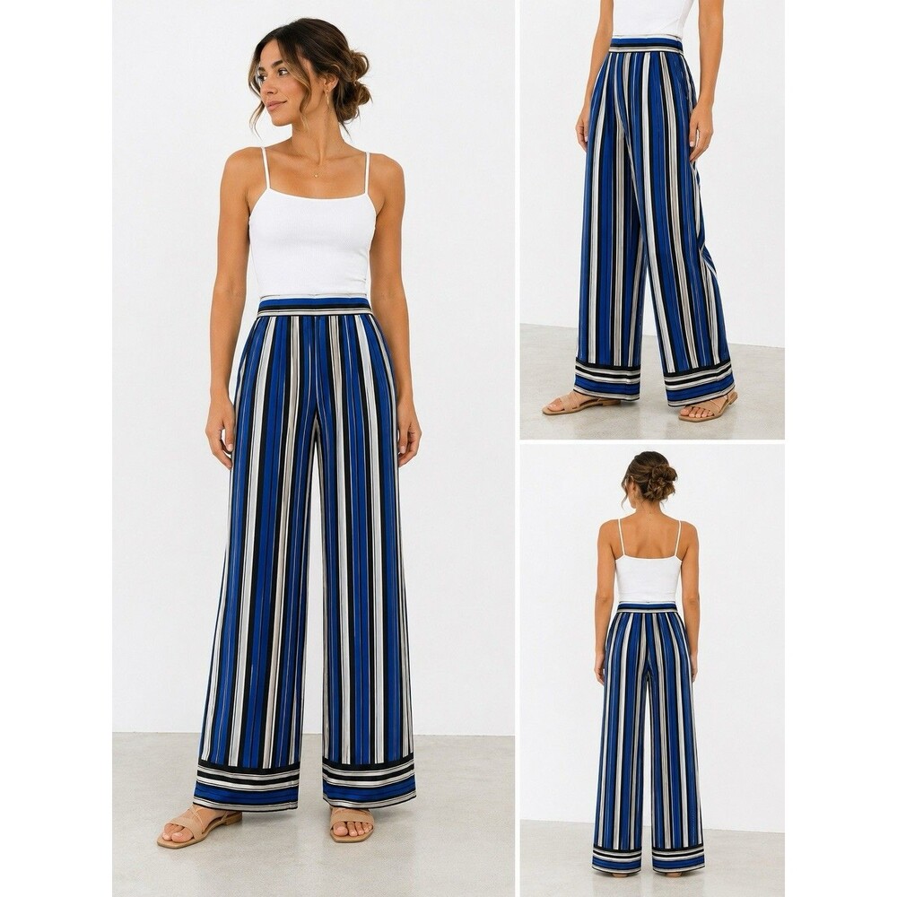 Forever 21 Wide Legâ Pants Large Stripe Black Blue White Dress Pant Pleats NWT